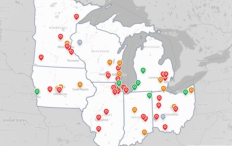 Map of tracked data center projects across the Midwest