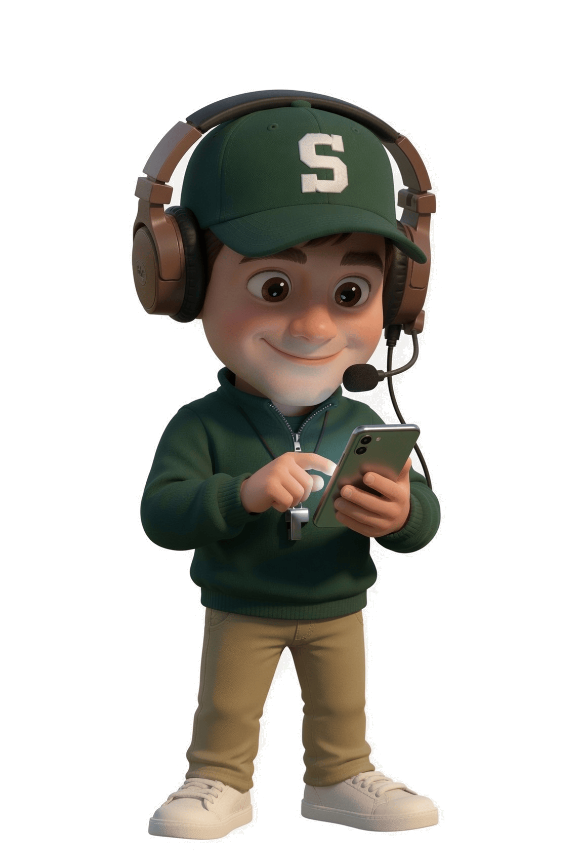 SAM, the fantasy football assistant mascot, holding a phone